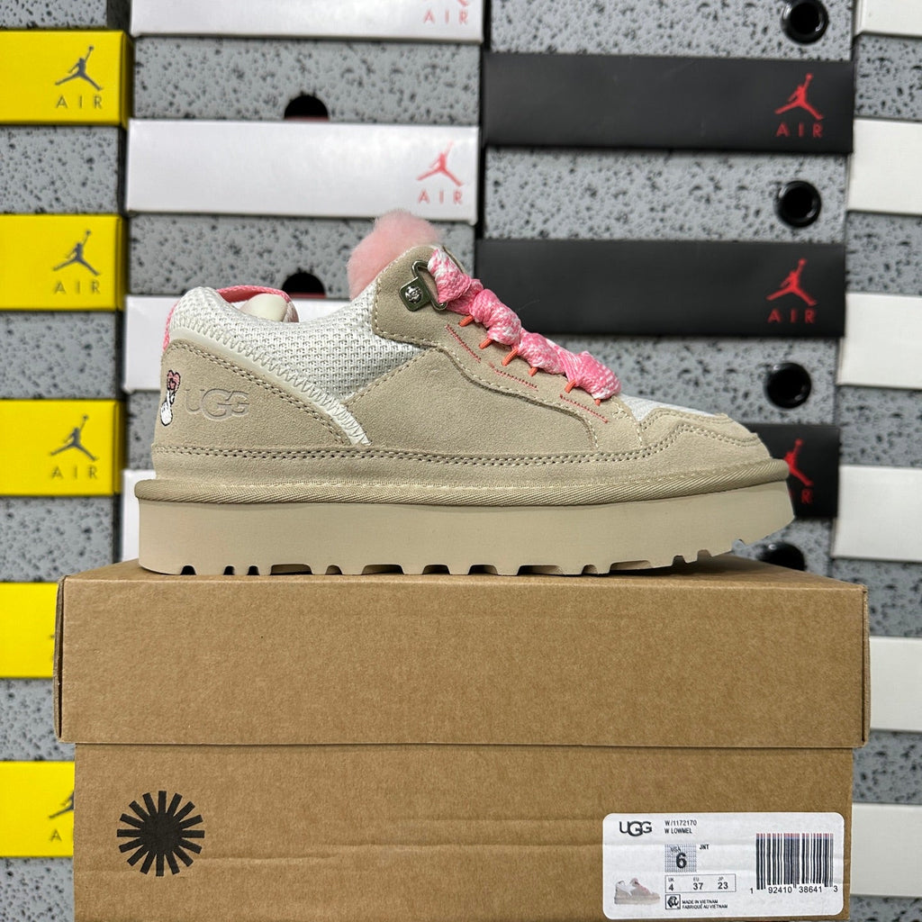 UGG Lowmel Lace-Up Sneaker – Suede & Mesh Low-Top Trainer with Pink UGGplush Lining, Embroidered Charm & Braided Pink Laces in Jasmine