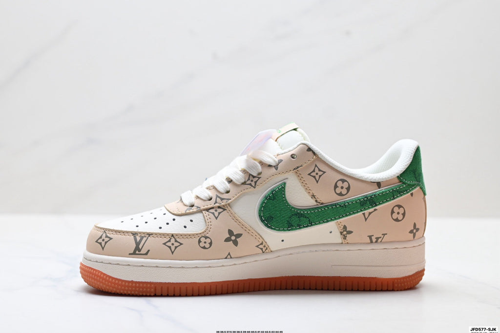 Nike Air Force 1 Low Beige Green Monogram Print Unisex Sneakers Style 12