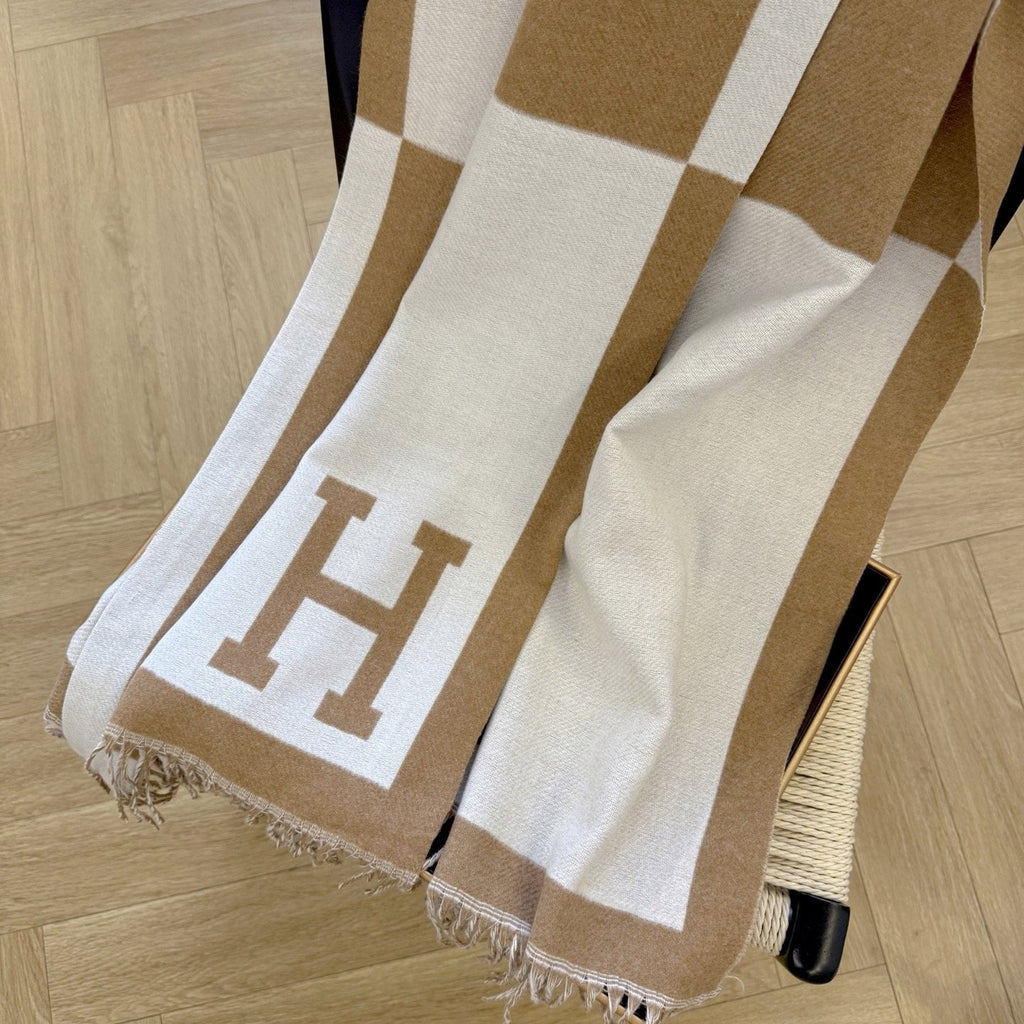 Hermes Fringed Color-Block Letter-Motif Scarf