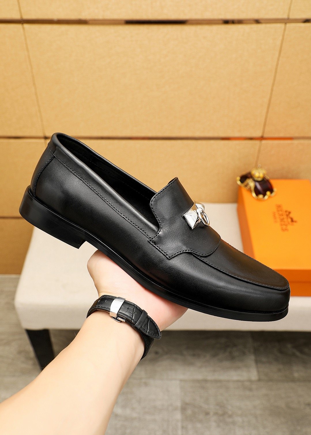 Hermès Black Hardware Slip-On Shoes