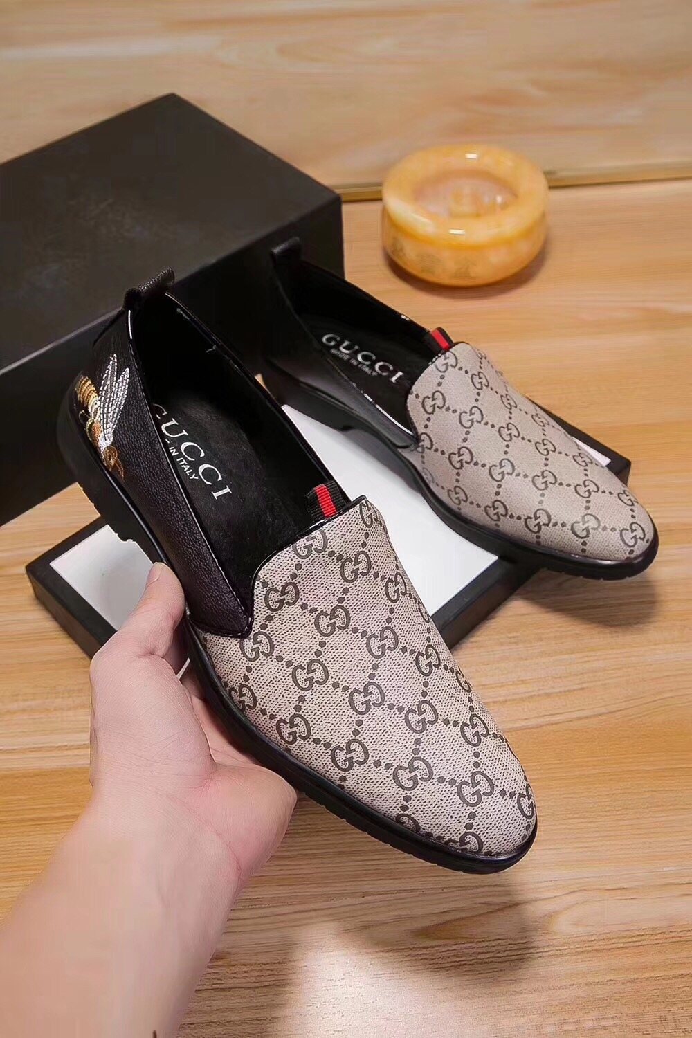Gucci Men's Beige Monogram Slip-On Shoes