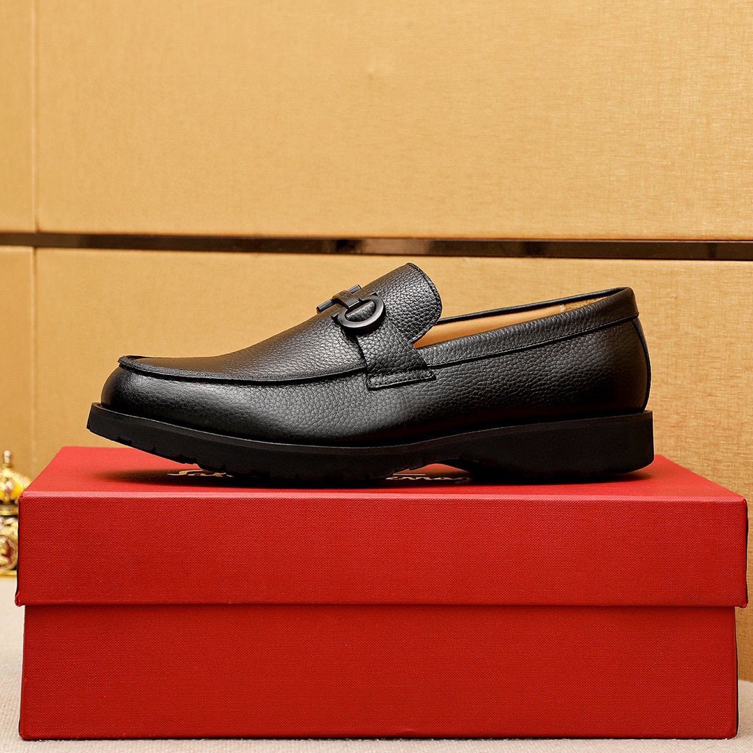 Ferragamo Black Textured Leather Slip-On Loafers