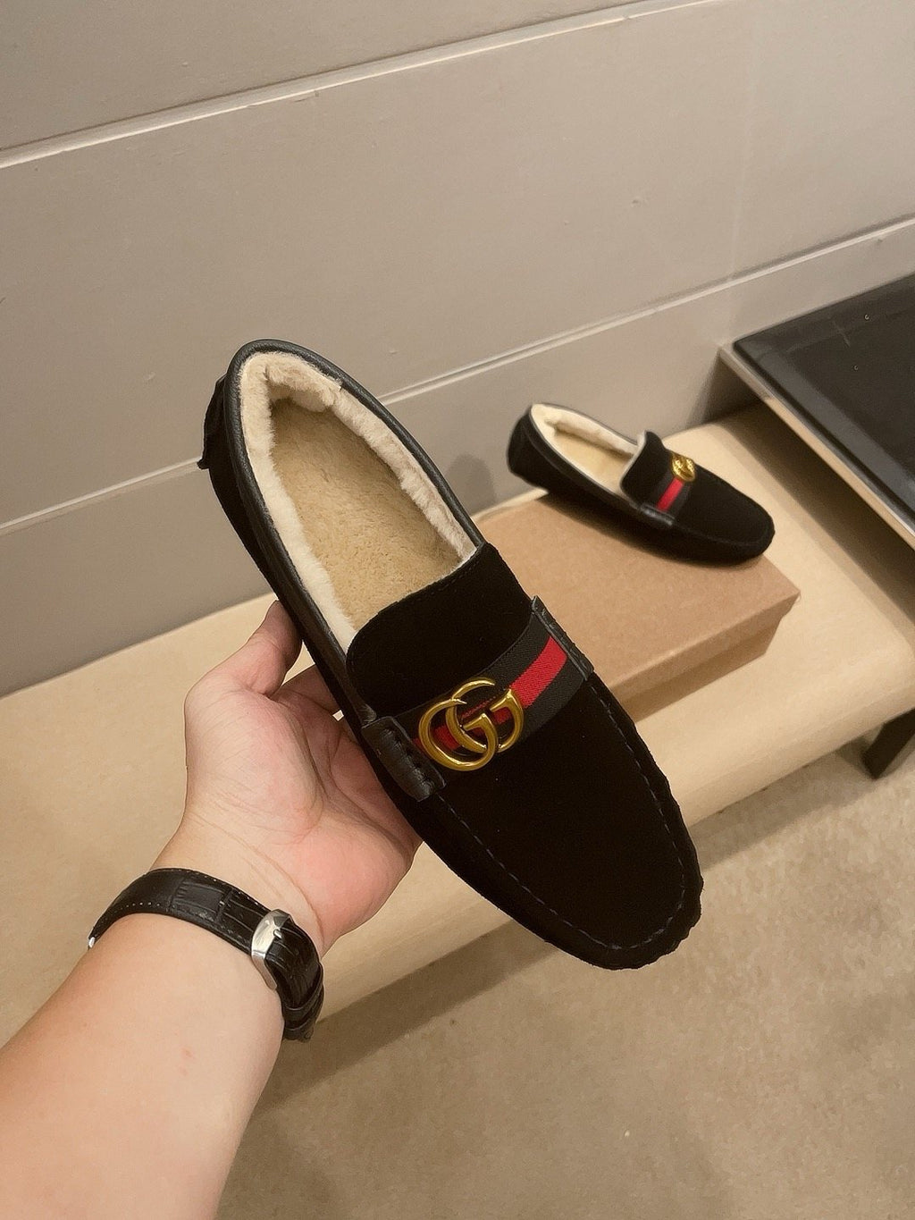 Gucci Men's Black Stripe Plush-Lined Loafers