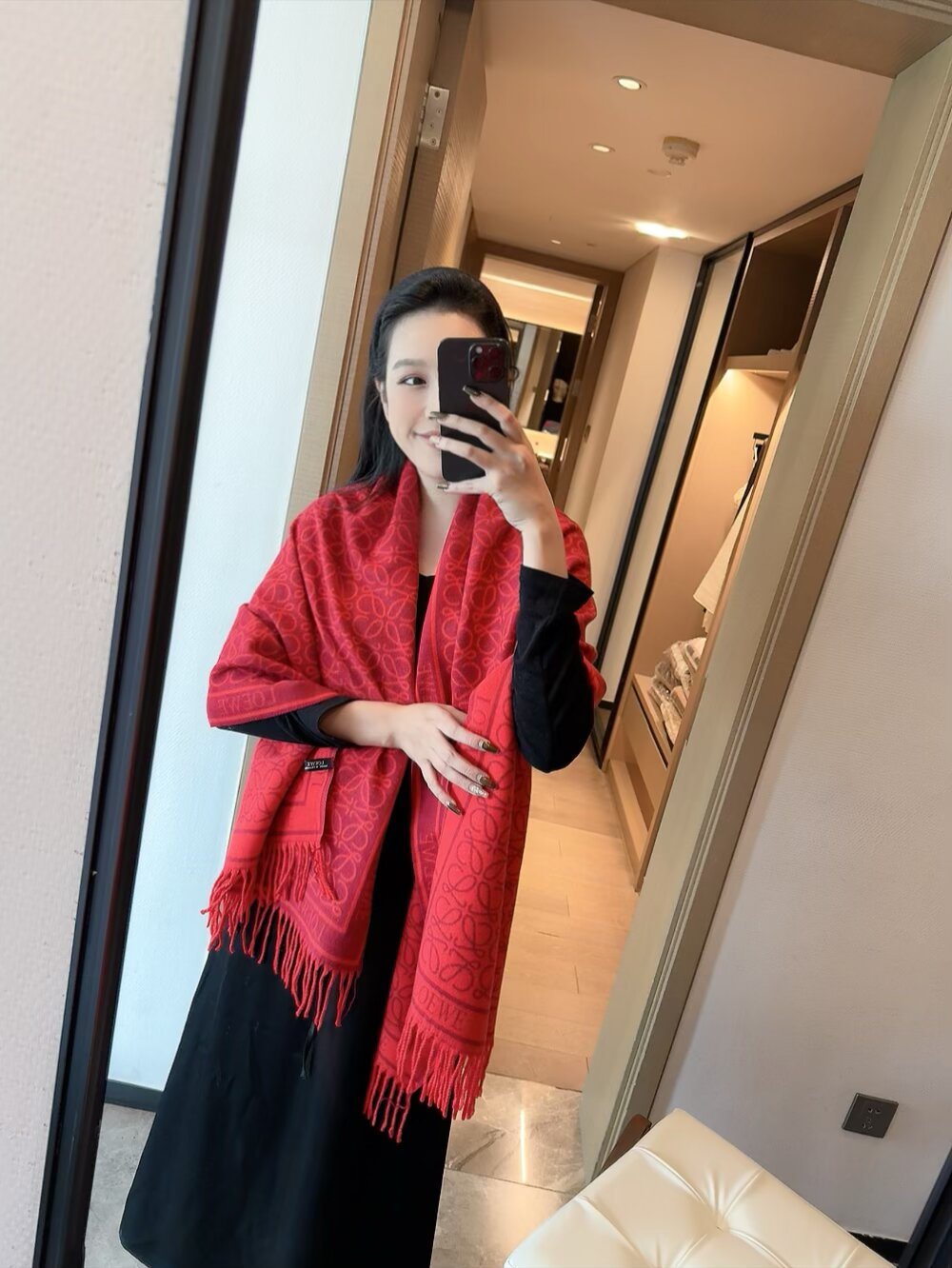 Loewe Red Patterned Fringed Scarf