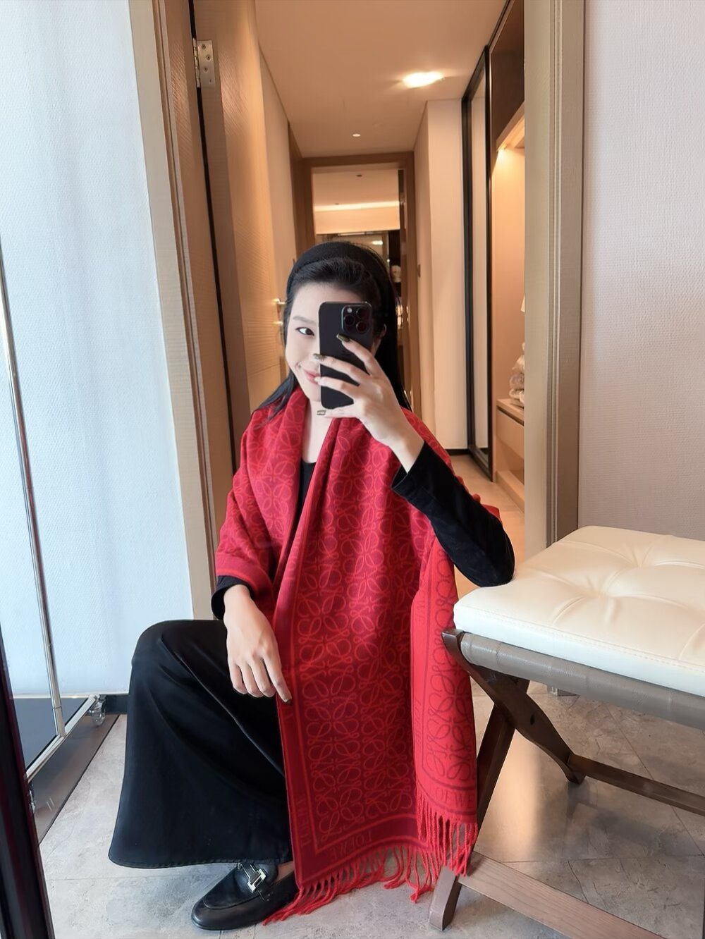 Loewe Red Patterned Fringed Scarf