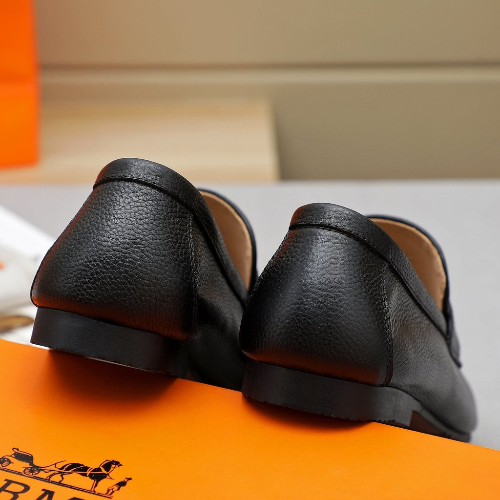 Hermès Black Pebbled Leather H-Hardware Loafers