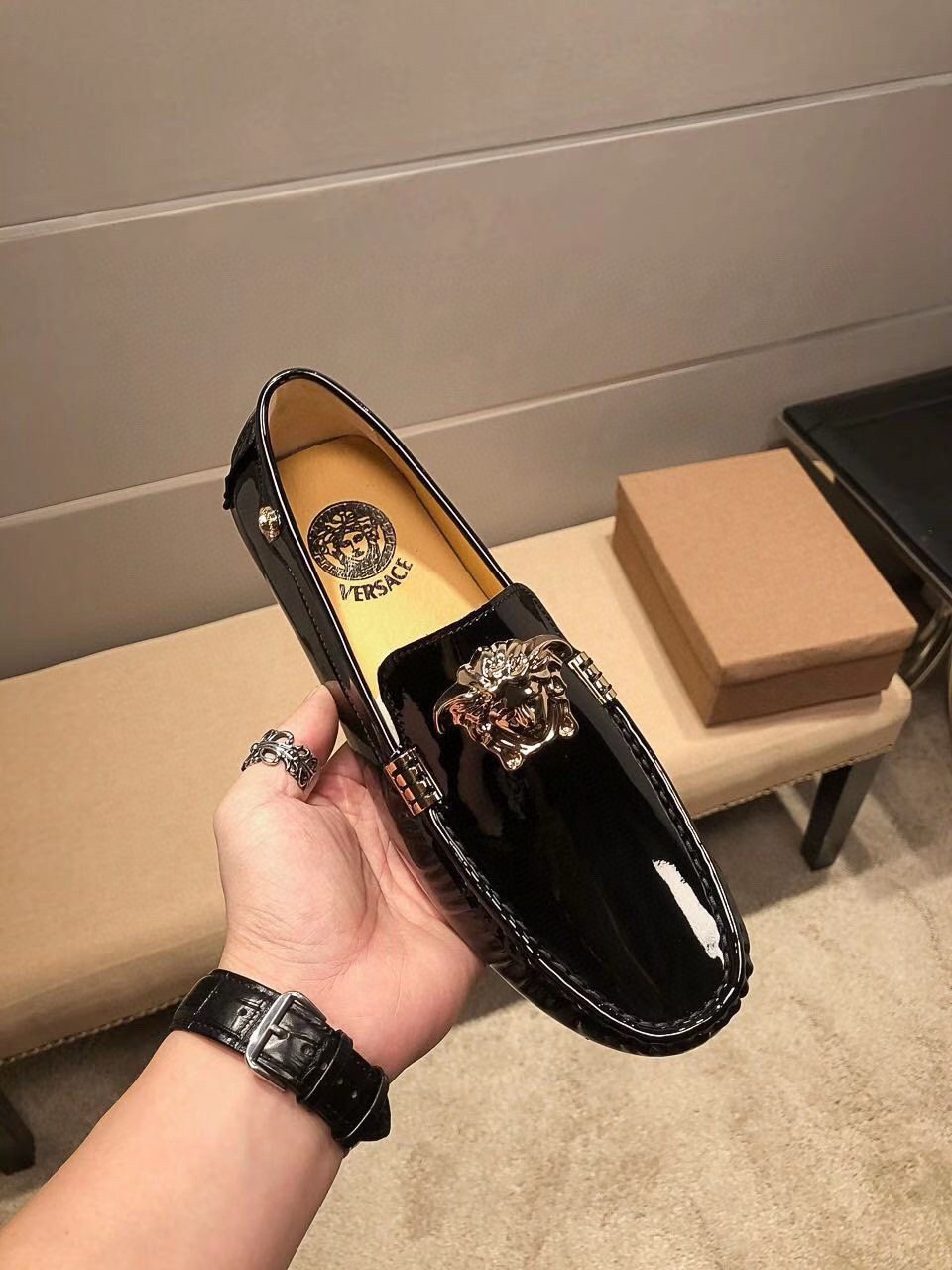 Versace Men's Black Patent Leather Medusa-Style Loafers
