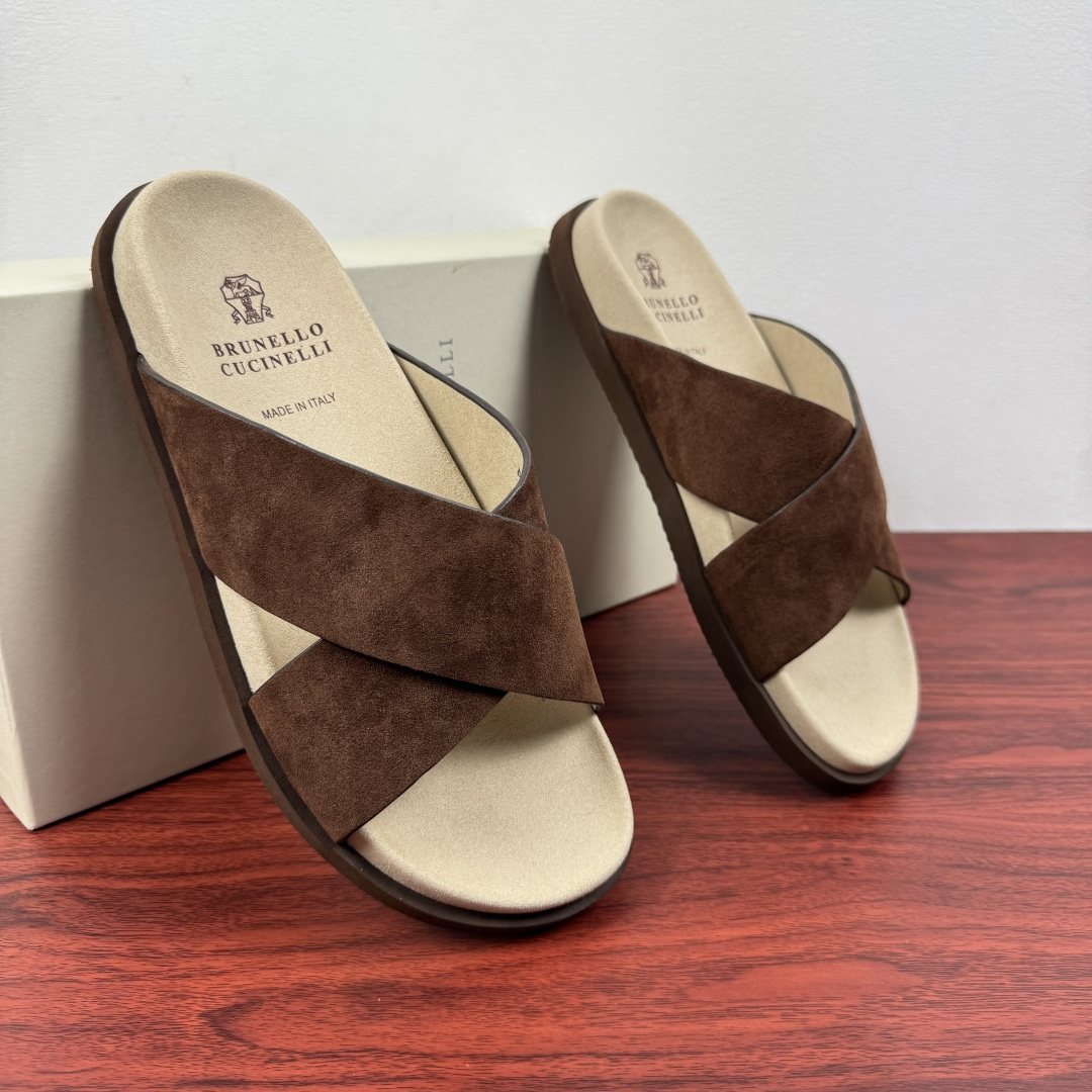 Brunello Cucinelli Men's Cross-Strap Slide Sandals - Low-Profile Dark Sole