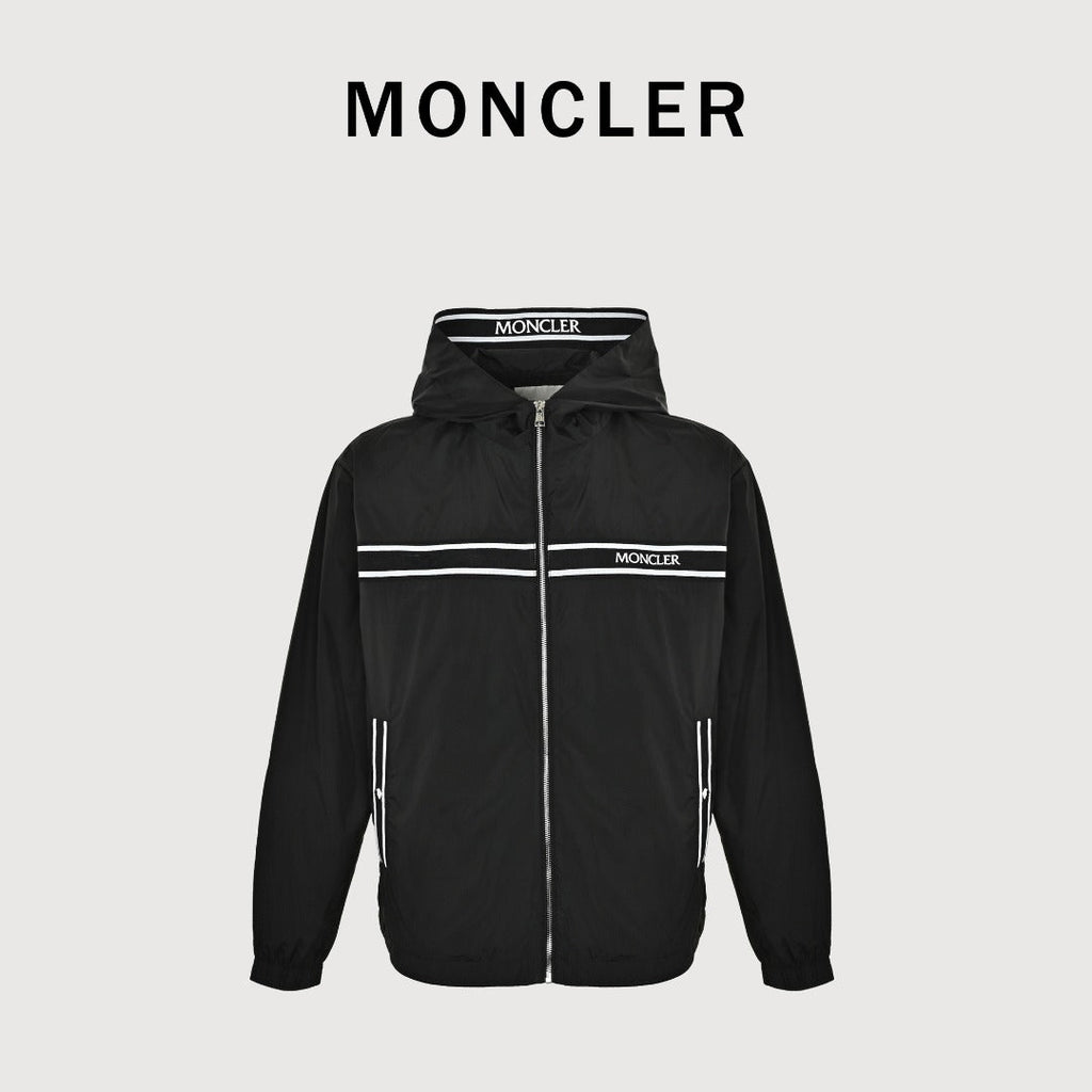 Moncler Chest Logo Embroidered Letter Tape Hooded Zip-Up Jacket — Navy