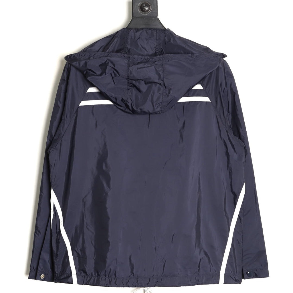 Prada Logo-Detail Contrast-Stripe Hooded Zip Jacket - Navy